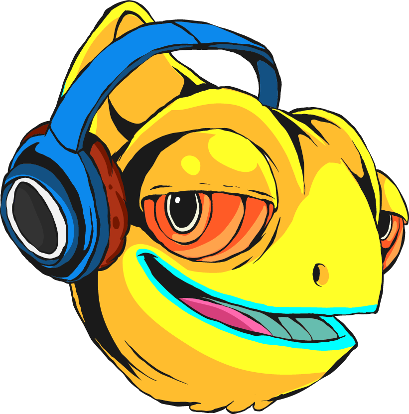 Ilustração do mascote do Festival João Rock: um Camaleão representado na cor amarela. Ele usa na cabeça um headphone azul e está sorrindo. 